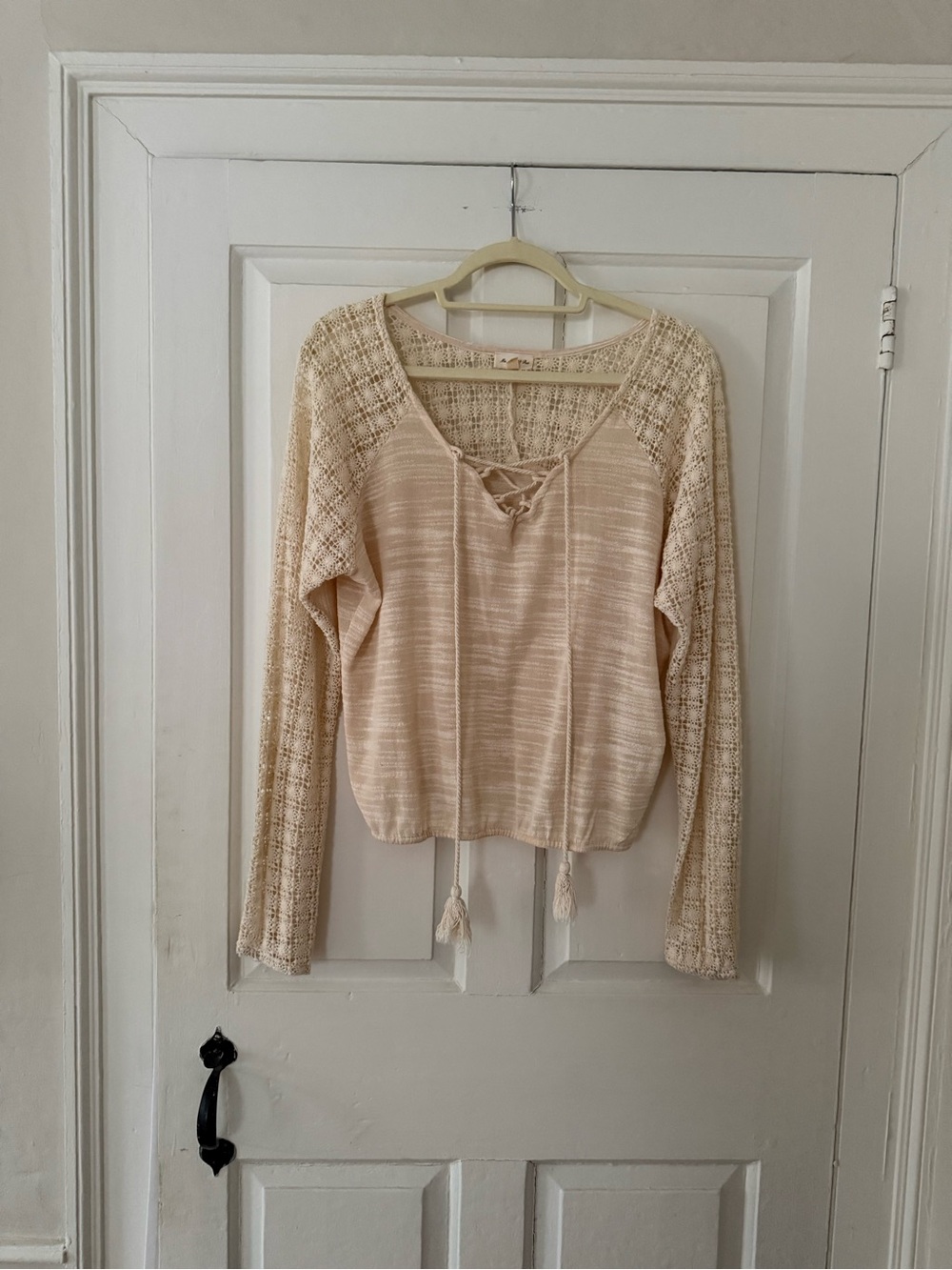 Meadow Rue Cream Lace-Up Knit Hoodie with Crochet Sleeves